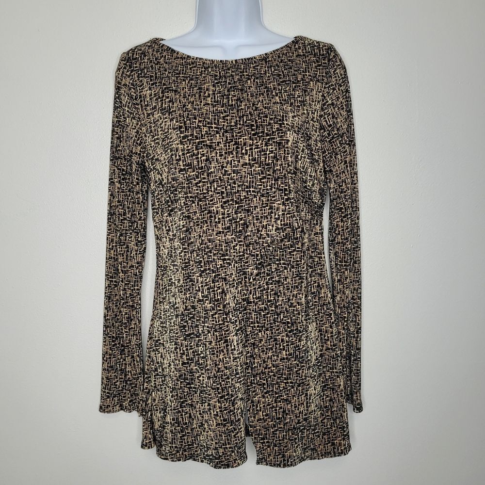 Vintage 90s tan black abstract asymmetrical wrap long sleeve tunic top size 10